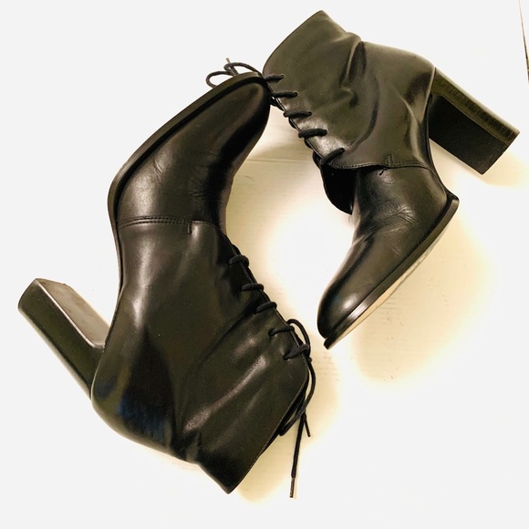 Shiny soft Black real Leather high ankle boots round toe tie-up laces Eu41 US 10 - Picture 5 of 14